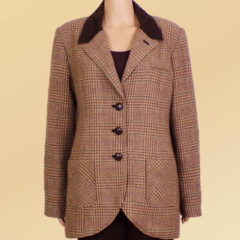 Soft Surroundings Brown Plaid Blazer with Dark Contrast Collar